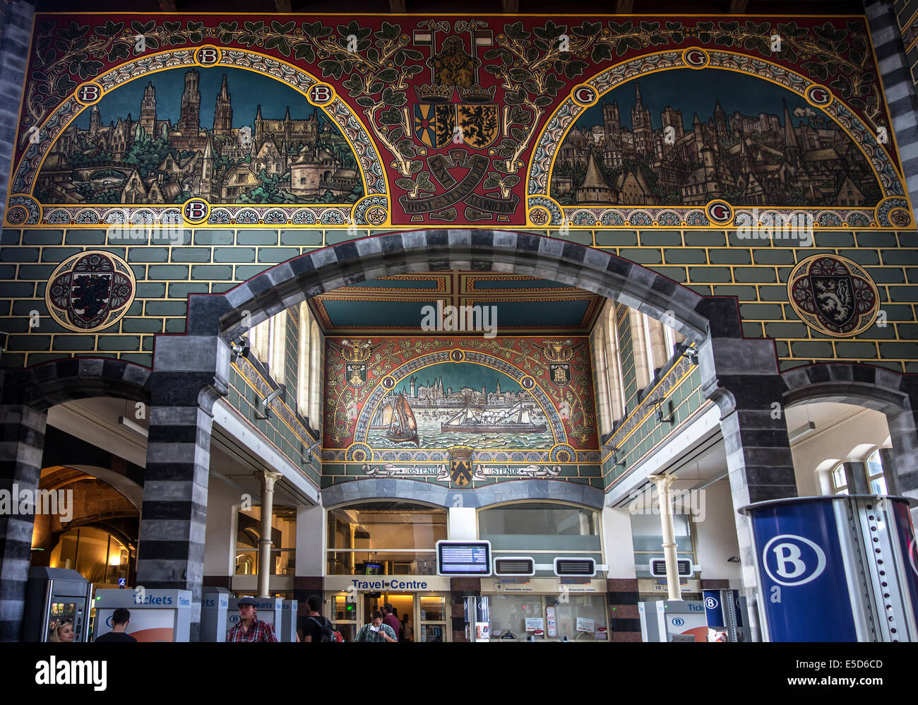 Murals in sgraffito style in the main entrance hall of the Gent-Sint-Pieters / Saint Peter's railway station in Ghent, Belgium Stock Photo