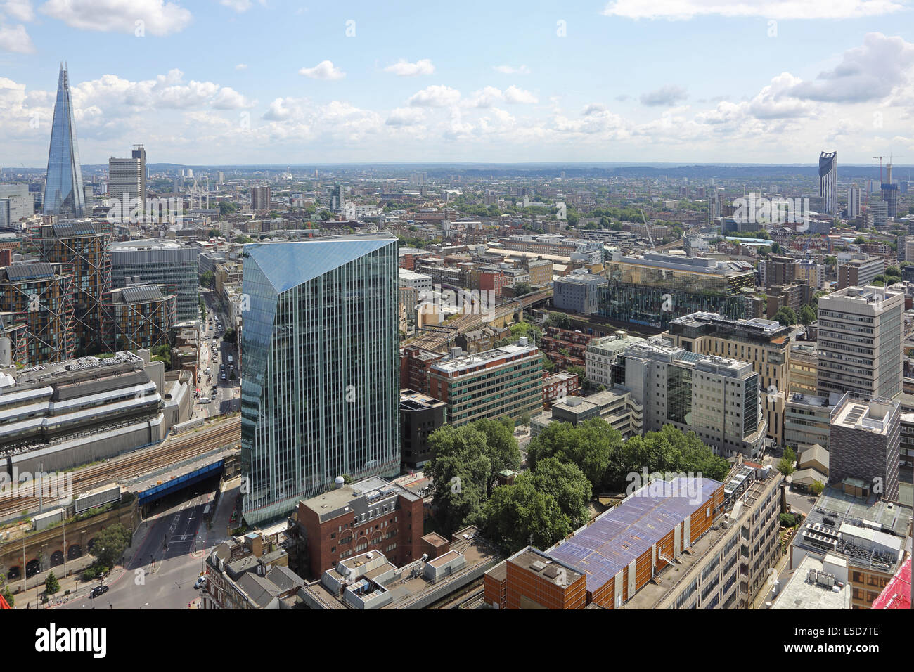 High level view of Southwark, South London, showing The Shard, 240 Blackfriars Road (centre left) and Strata Tower (right) Stock Photo