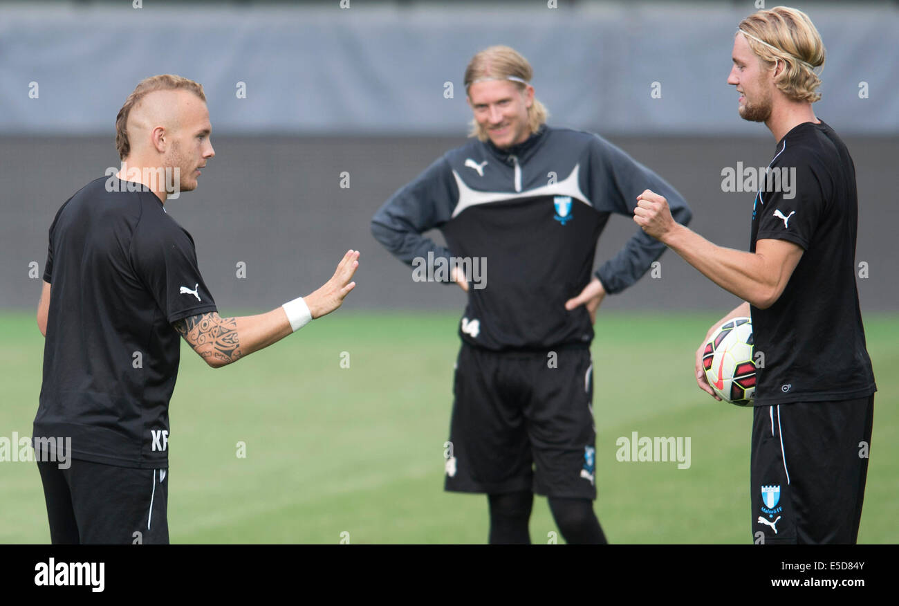Prague, Czech Republic. 28th July, 2014. From left: Magnus Eriksson, Simon Kroon and Filip Helander of Malmo, pictured during the training before the UEFA Champions League 3rd qualifying round opening match against Sparta Praha, Prague, Czech Republic, July 28, 2014. © CTK/Alamy Live News Stock Photo