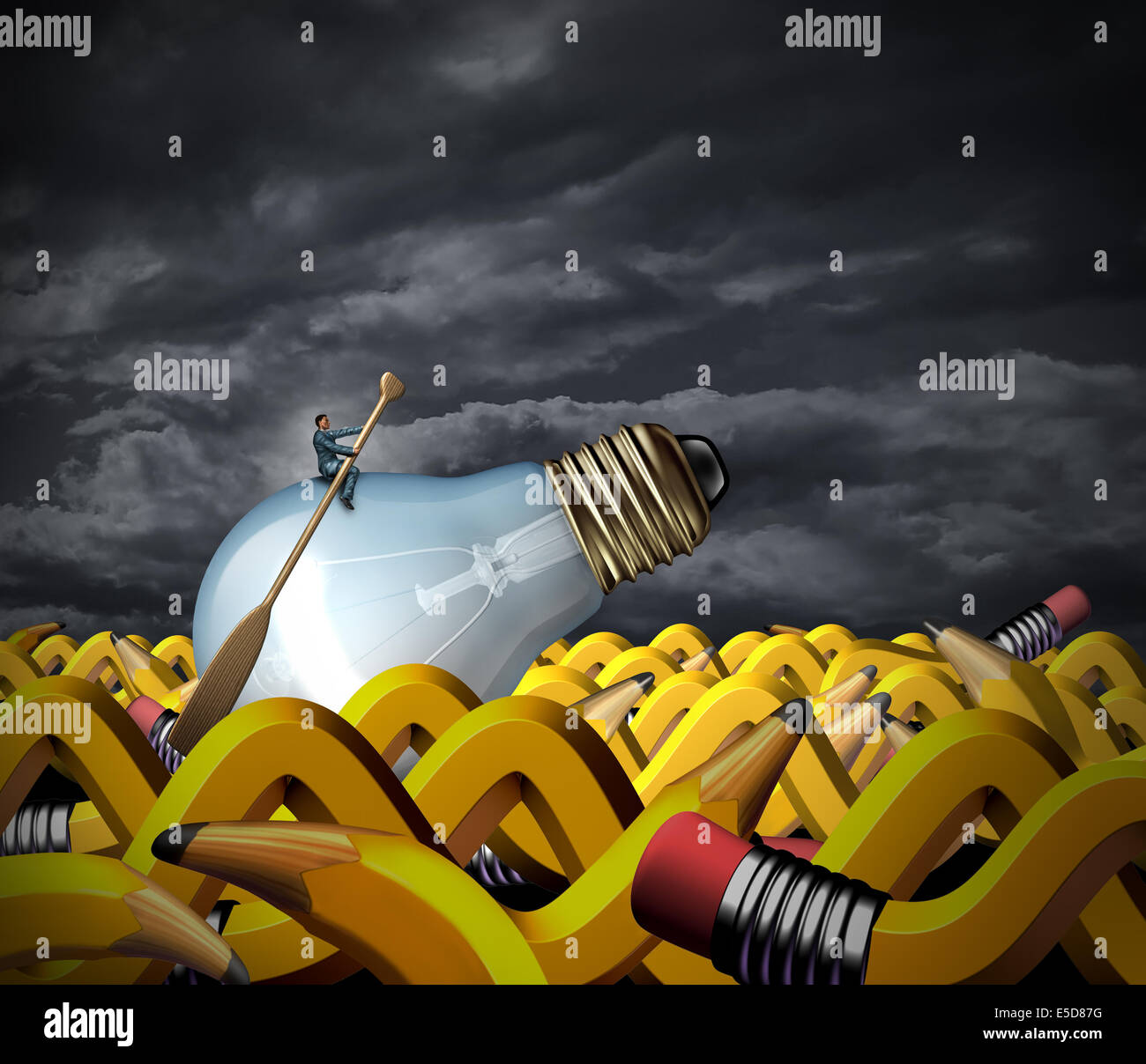 Creative problem solving and business management concept as a businessman sitting on a lightbulb with a boat paddle navigating on an ocean made of pencils shaped as waves as a symbol of goal strategy and vision persistence. Stock Photo