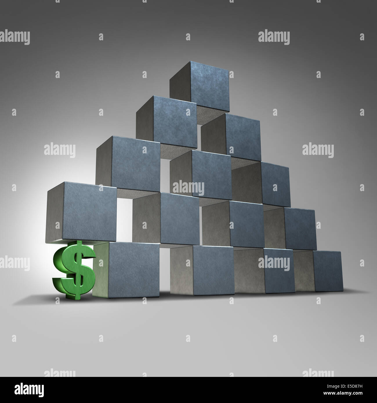 Financial support business concept and finance concept as a three dimensional dollar sign representing investment to support a group of blocks as an icon of a struggling organization or a corporation that needs investing to expand opportunities. Stock Photo