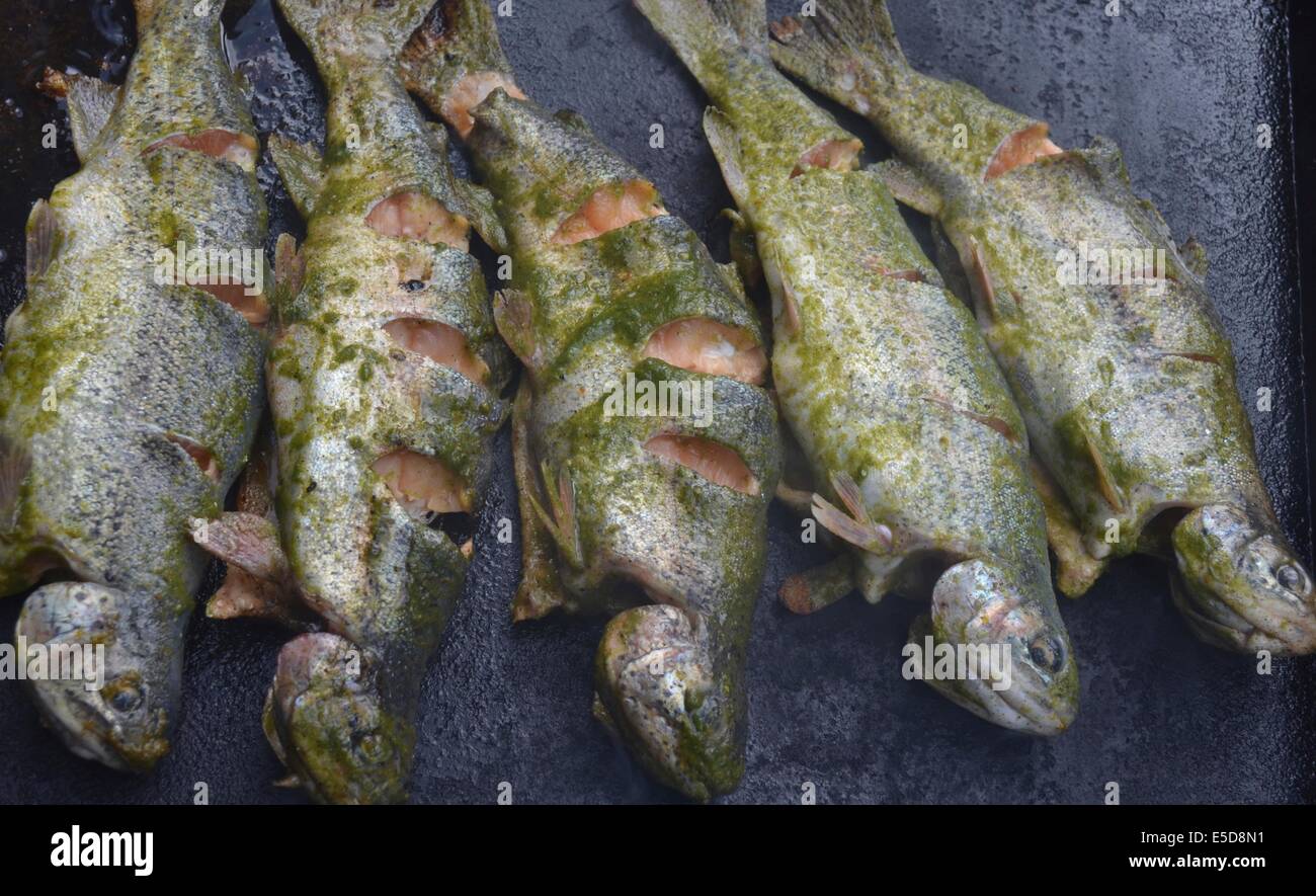 Fresh river trout on a grill in the Peruvian village of Ingenio, near