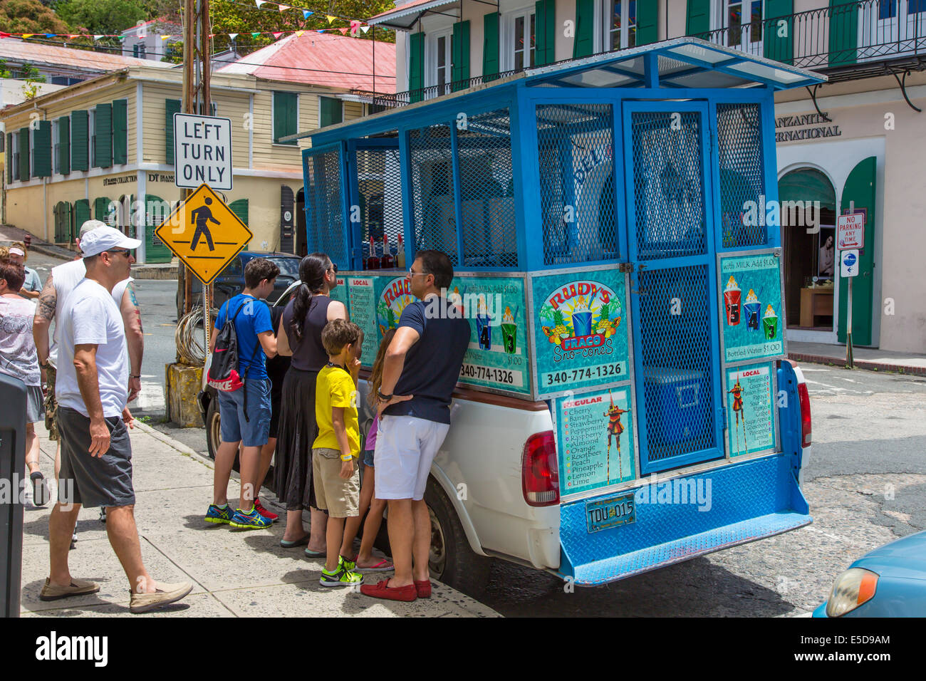 People getting food from food truck in Charlotte Amalie on the Caribbean island of St Thomas in the US Virgin Islands Stock Photo