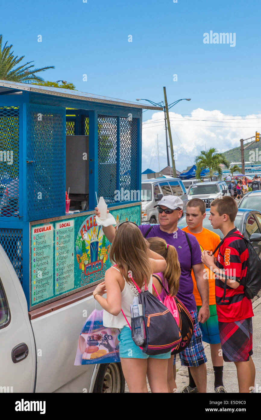 People getting food from food truck in Charlotte Amalie on the Caribbean island of St Thomas in the US Virgin Islands Stock Photo