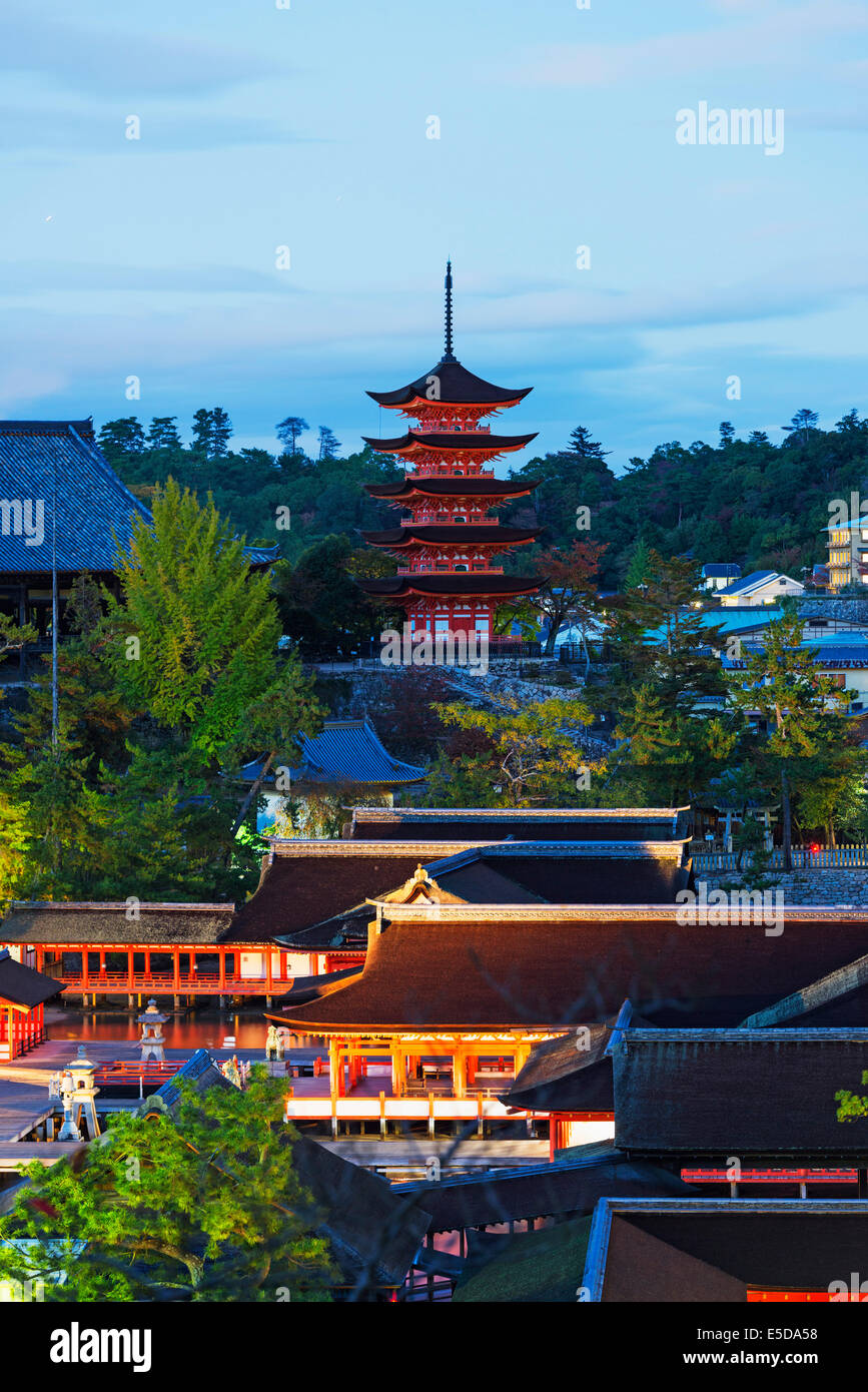 Asia, Japan, Honshu, Hiroshima prefecture, Miyajima Island, pagoda at Itsukushima jinja Shinto Shrine, Unesco site Stock Photo
