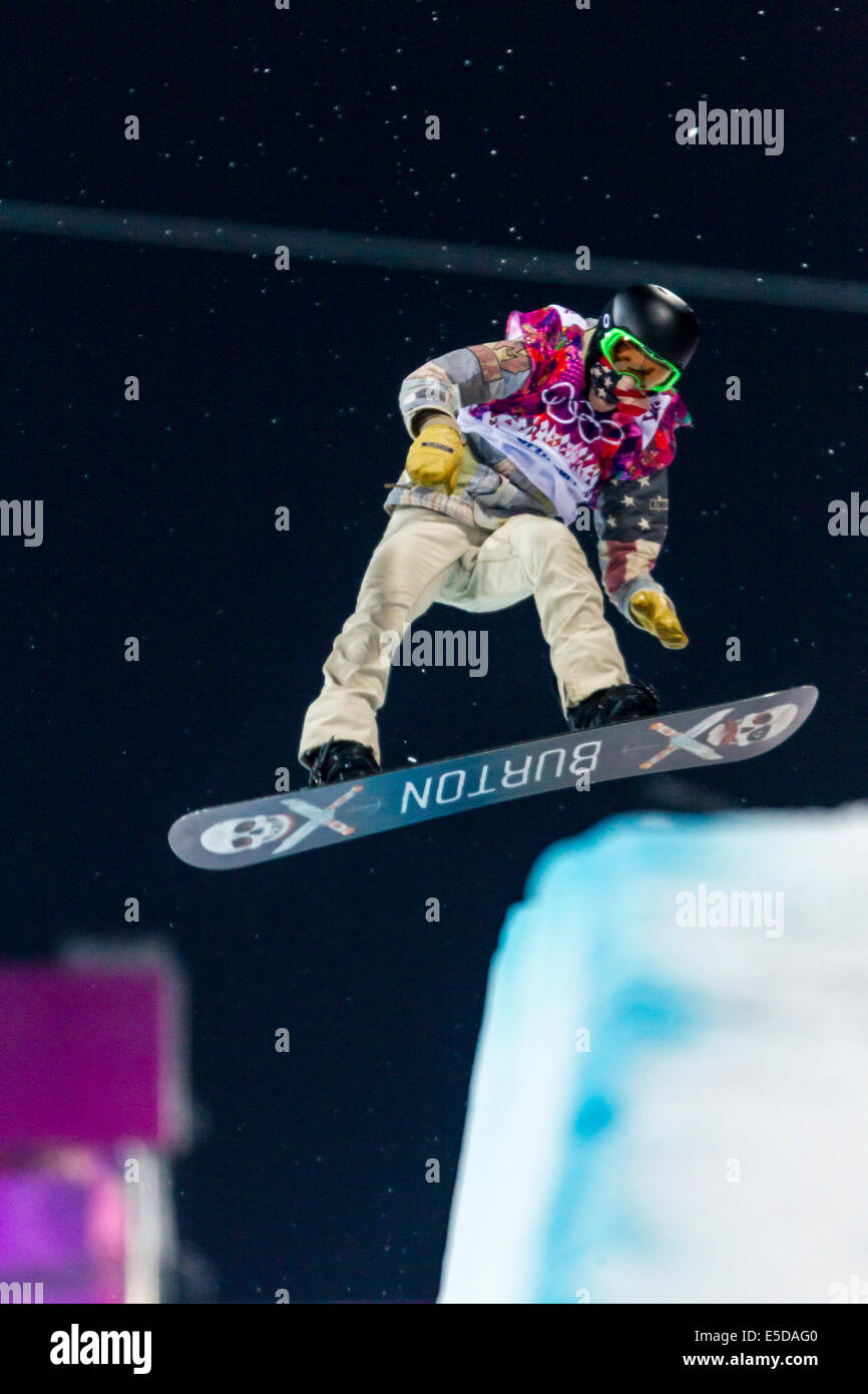 Shaun White (USA) competing in Men's Snowboard Halfpipe at the Olympic Winter Games, Sochi 2014 Stock Photo