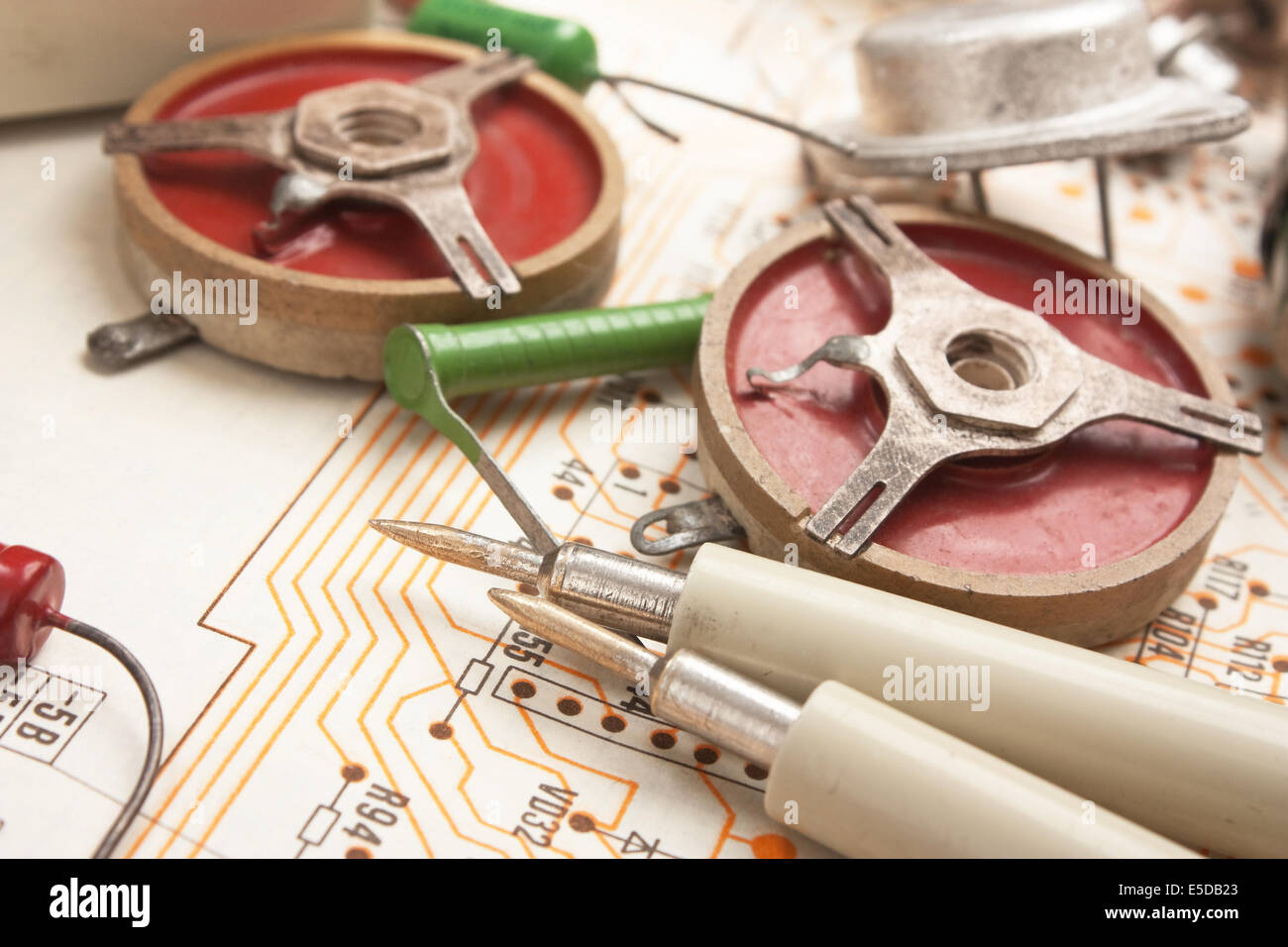 old electronic components on circuit Stock Photo