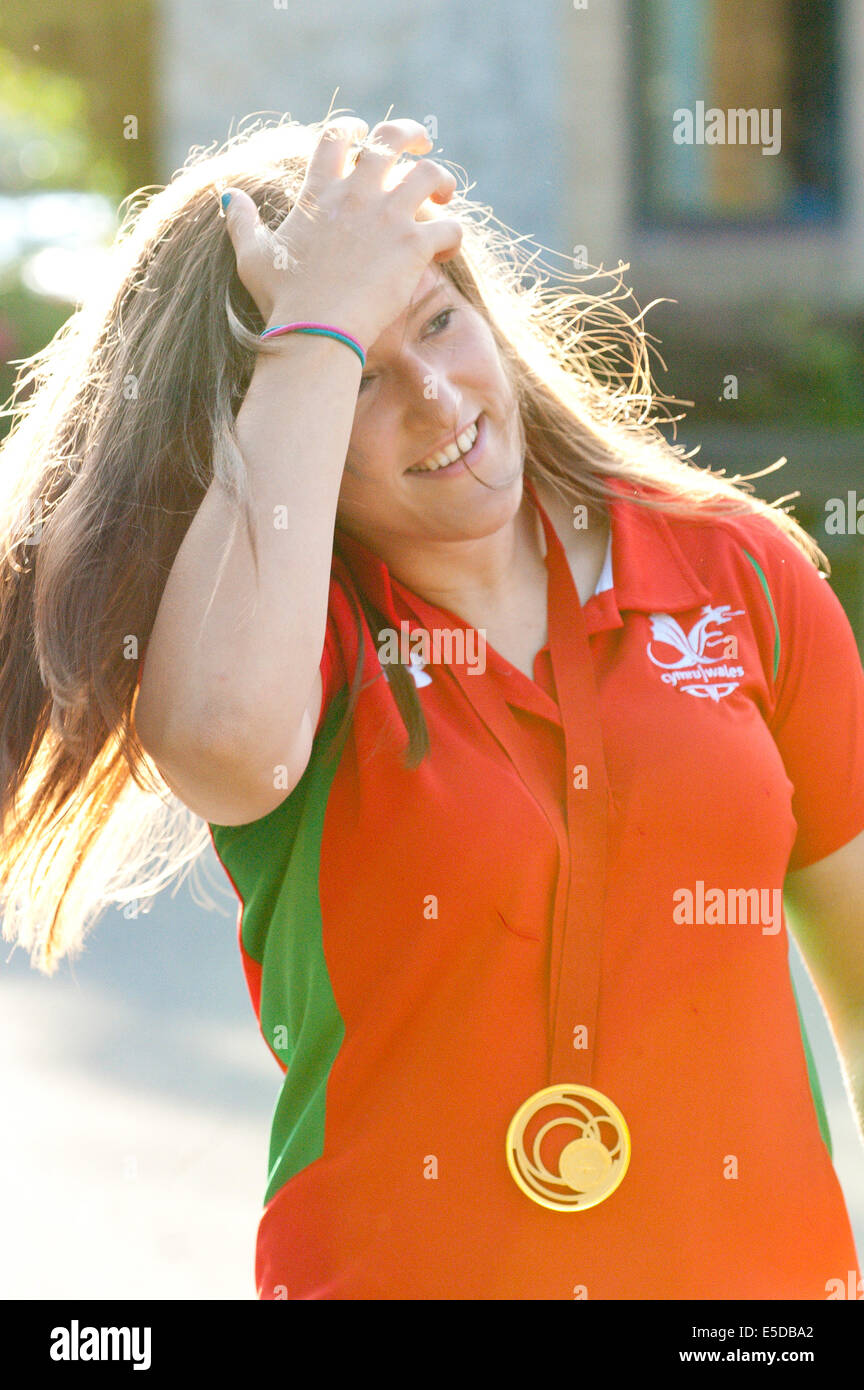 Builth Wells, UK. 28th, July, 2014. Natalie Powell 23, Commonwealth Games Judo Gold Medallist, gets together with family and friends at The Irfon Judo Club where she started learning Judo at the age of 8 under the coaching of senior coach Richard Jones. Originally from the mid-Wales town of Beulah, Natalie now lives in Cardiff where she is studying Biomedical Science at Cardiff Uni. She leaves next Wednesday for a training in Portugal before competing at the World Judo Championships in, Russia. Credit:  Graham M. Lawrence/Alamy Live News. Stock Photo