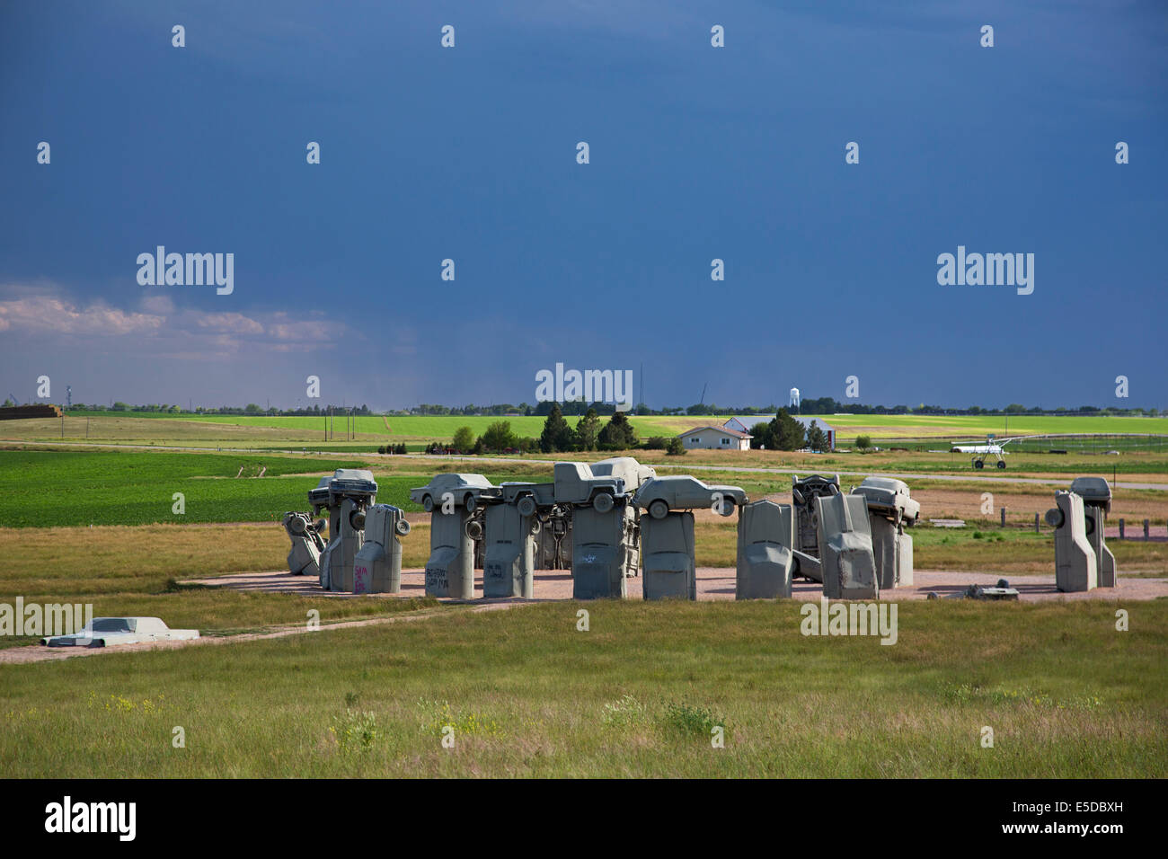 Alliance, Nebraska - Carhenge, a circle of old cars bolted together and half buried in the ground. Stock Photo