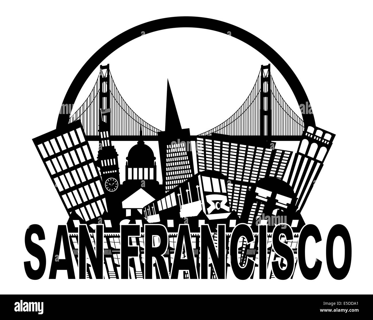 San Francisco California Abstract Black and White Downtown City Skyline with Golden Gate Bridge and Cable Car Isolated on White Stock Photo