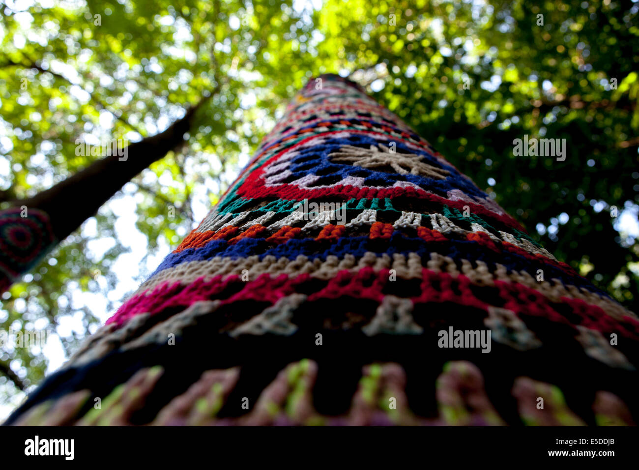 Knitting tree, crochet tree in the garden bar 'U vystřelenýho oka' Zizkov Prague Czech Republic Stock Photo