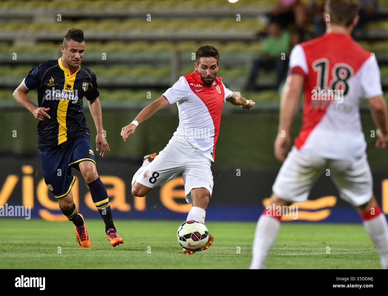 Parma, Italy. 28th July, 2014. Joao Moutinho (C) of AS Monaco shoots during a friendly match between AS Monaco and FC Parma in Parma, Italy, July 28, 2014. AS Monaco won 2-0. © Alberto Lingria/Xinhua/Alamy Live News Stock Photo