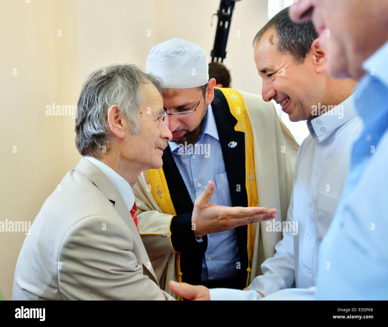 Kiev, Ukraine. 28th July, 2014. Mustafa Dzhemilev and Refat Chubarov on Eid-al-Fitr in Kiev. Mustafa Dzhemilev, a recognized leader of the Crimean Tatar National Movement, and Refat Chubarov, Chairman of the Mejlis of the Crimean Tatars, visit Eid-al-Fitr Feast, that marks the end of Ramadan, Islamic holy month of fasting, in Kiev mosque. Credit:  Oleksandr Rupeta/Alamy Live News Stock Photo
