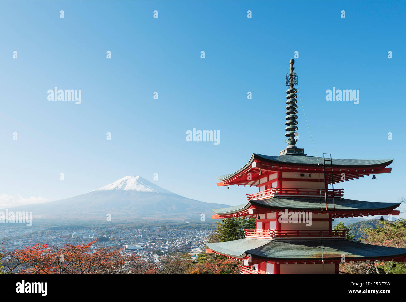 Asia; Japan Honshu Mt Fuji 3776m and Arakura Sengen Jinja Shinto shrine, Unesco World Heritage site Stock Photo