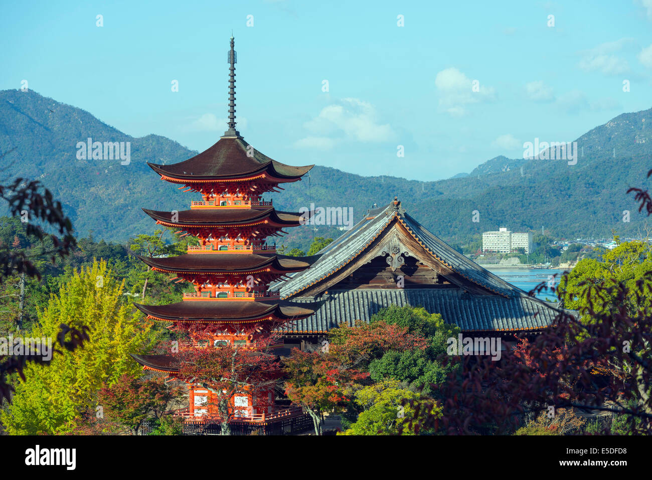 Asia, Japan, Honshu, Hiroshima prefecture, Miyajima Island, pagoda at Itsukushima jinja Shinto Shrine, Unesco Stock Photo