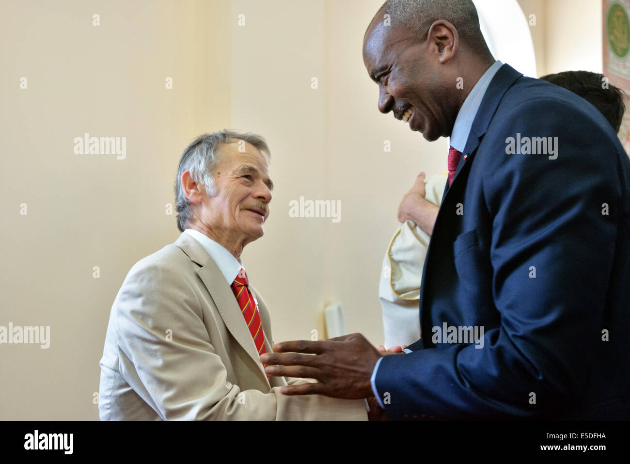 Kiev, Ukraine. 28th July, 2014. Mustafa Dzhemilev and Refat Chubarov on Eid-al-Fitr in Kiev. Mustafa Dzhemilev, a recognized leader of the Crimean Tatar National Movement, and Refat Chubarov, Chairman of the Mejlis of the Crimean Tatars, visit Eid-al-Fitr Feast, that marks the end of Ramadan, Islamic holy month of fasting, in Kiev mosque. Credit:  Oleksandr Rupeta/Alamy Live News Stock Photo