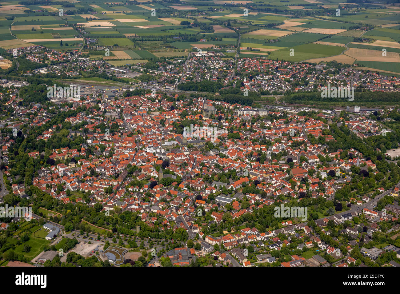 Aerial view, overview over the city centre, city wall, Soest, North Rhine-Westphalia, Germany Stock Photo