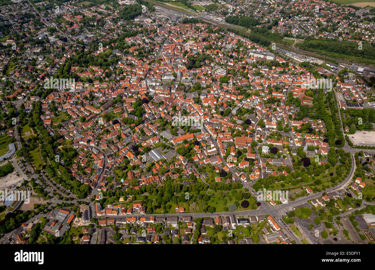 Aerial view, overview over the city centre, city wall, Soest, North Rhine-Westphalia, Germany Stock Photo