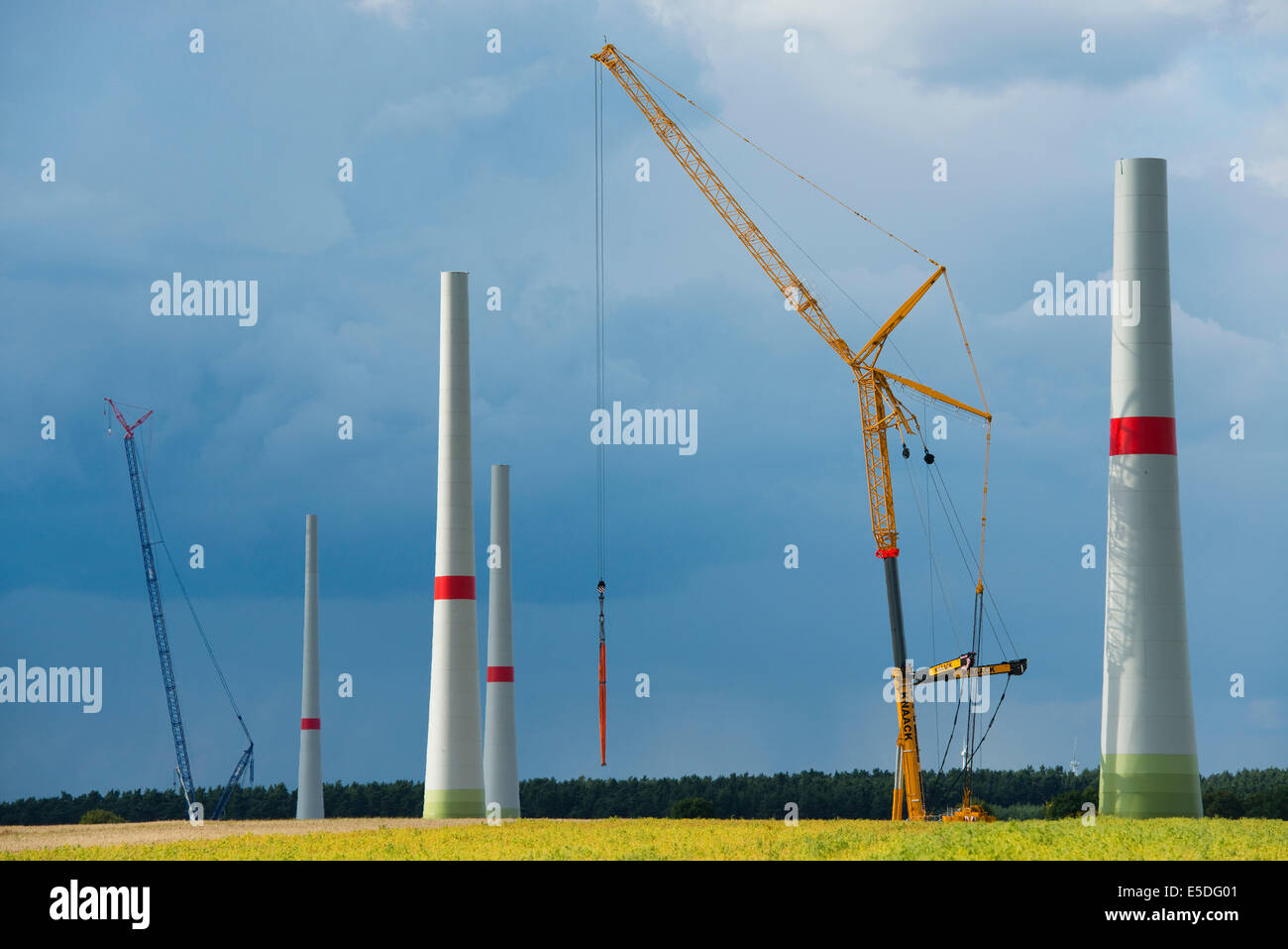 Wind turbines, new construction, at Neuferchau, Saxony-Anhalt, Germany Stock Photo