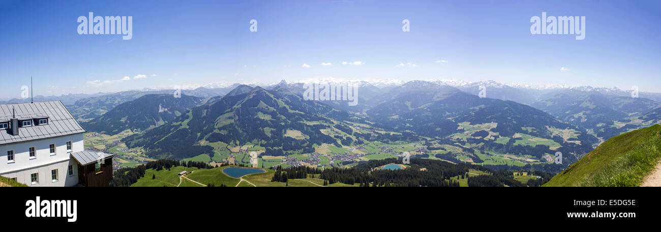 Alpine panorama, view of Westendorf, Mt Hohe Salve, Brixental Valley, Tyrol, Austria Stock Photo