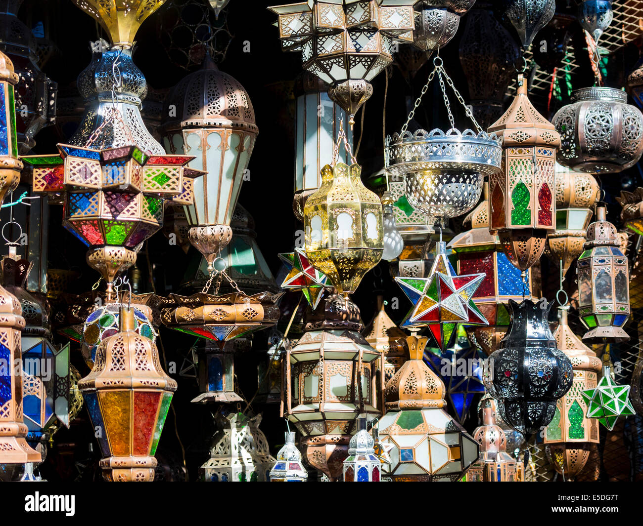 Oil lamps on sale at a market in the Medina, Marrakech, Marrakech-Tensift-Al Haouz, Morocco Stock Photo