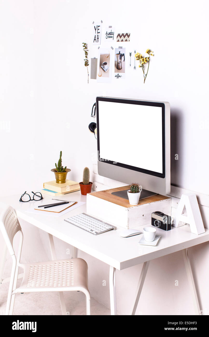 White workroom with computer monitor Stock Photo