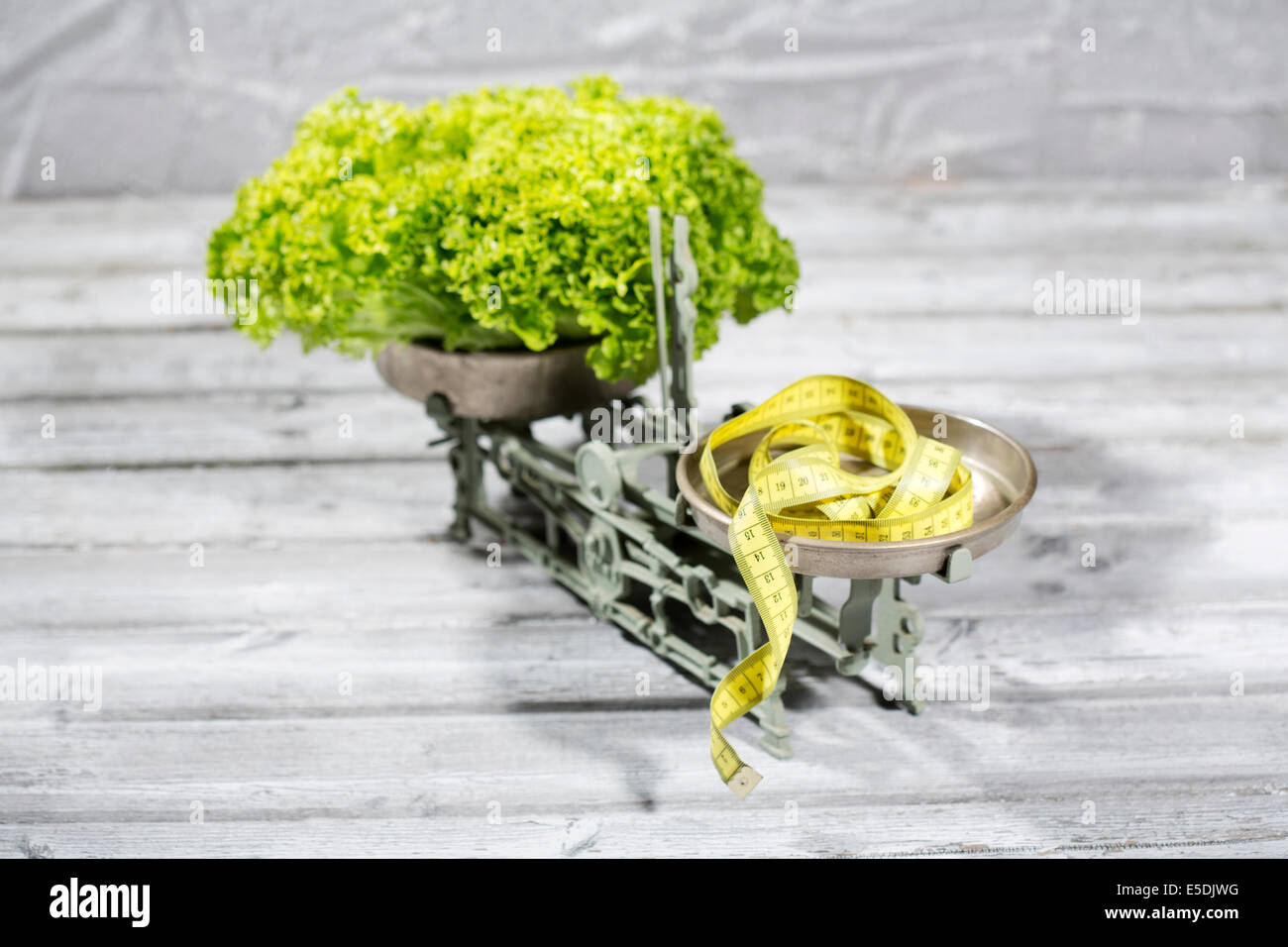 Lettuce and tape measure on scale Stock Photo