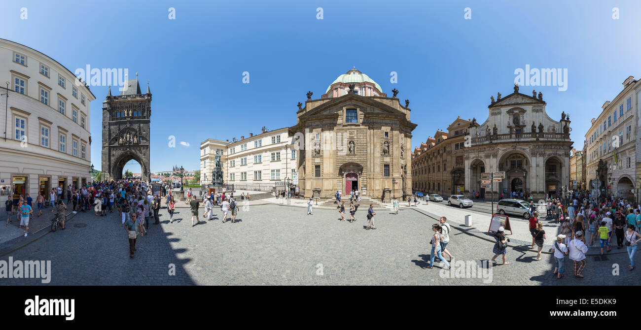 Czech Republic, Prague, Knights of the Cross Square with Old Town bridge tower, Church of St Francis, Church of St Saviour Stock Photo