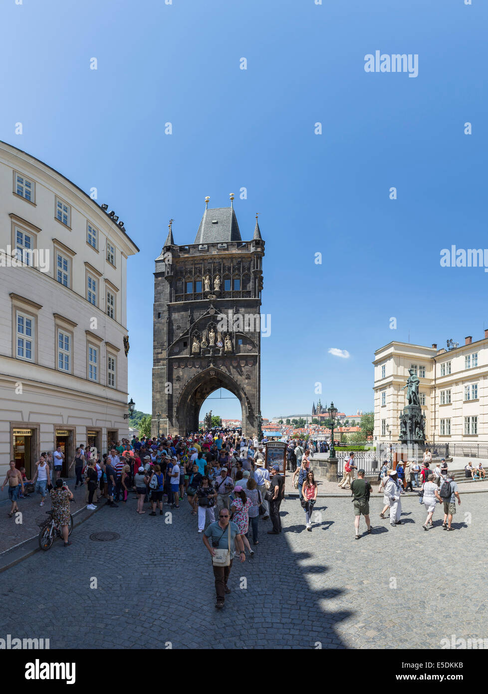 Czech Republic, Prague, Knights of the Cross Square with Old Town bridge tower and a Neo-Gothic statue of Charles IV Stock Photo
