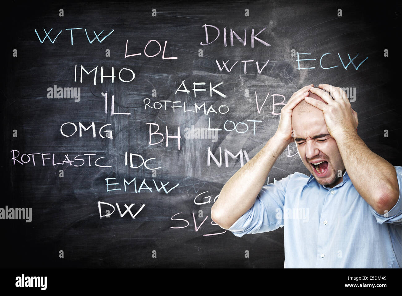 stressed man and internet slang on blackboard Stock Photo