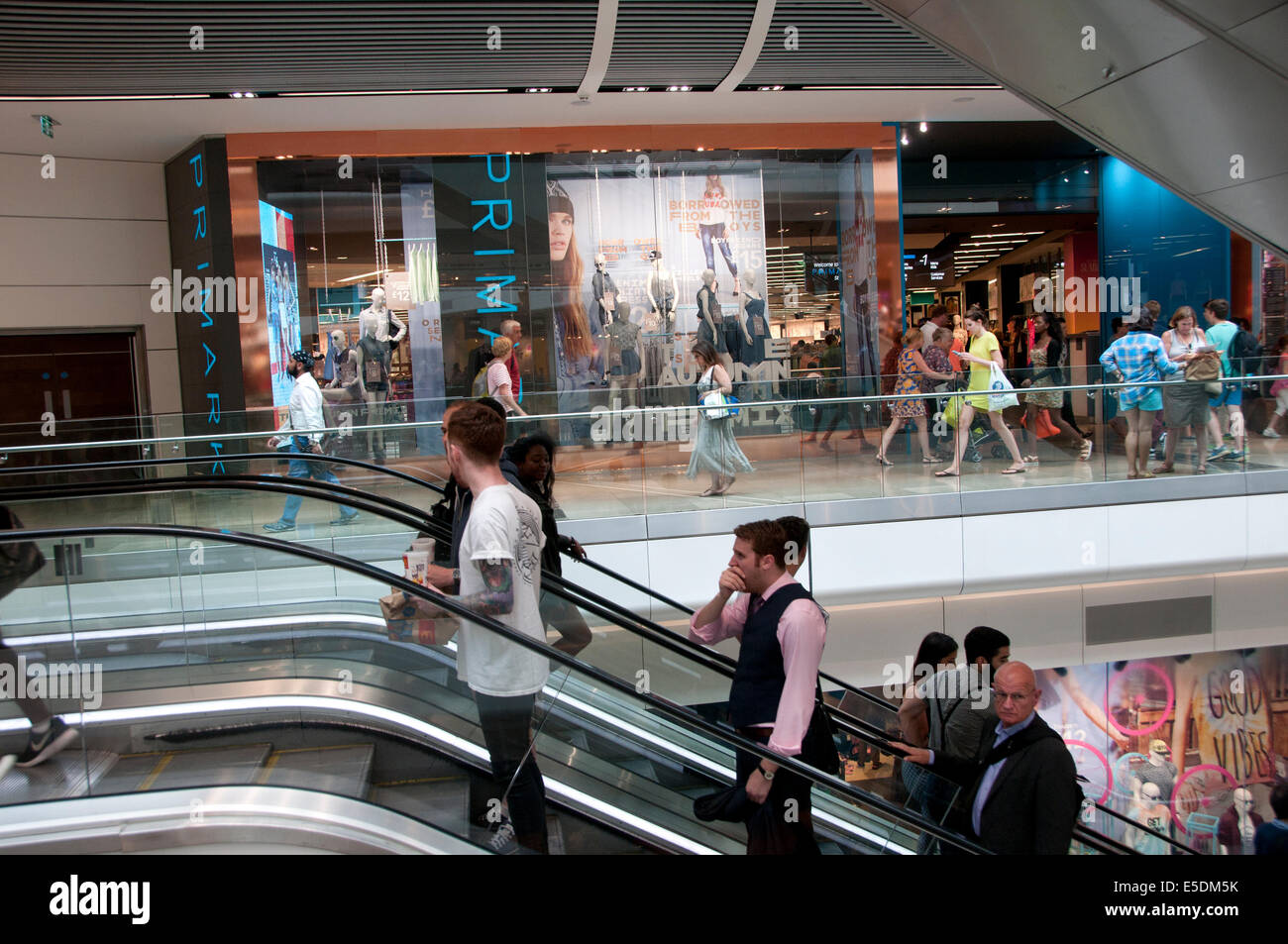 London July 2014. Westfield shopping centre. Escalator in front of