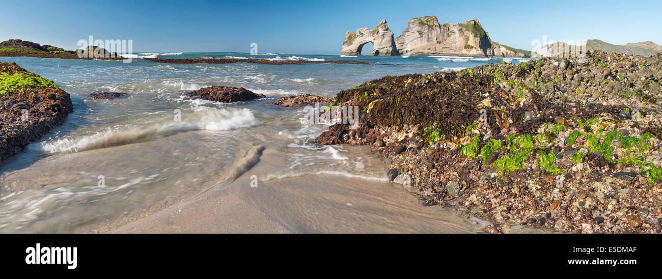 New Zealand, Golden Bay, Wharariki Beach, waves gushing over rocks with seaweed at the beach and rock arch in the background Stock Photo
