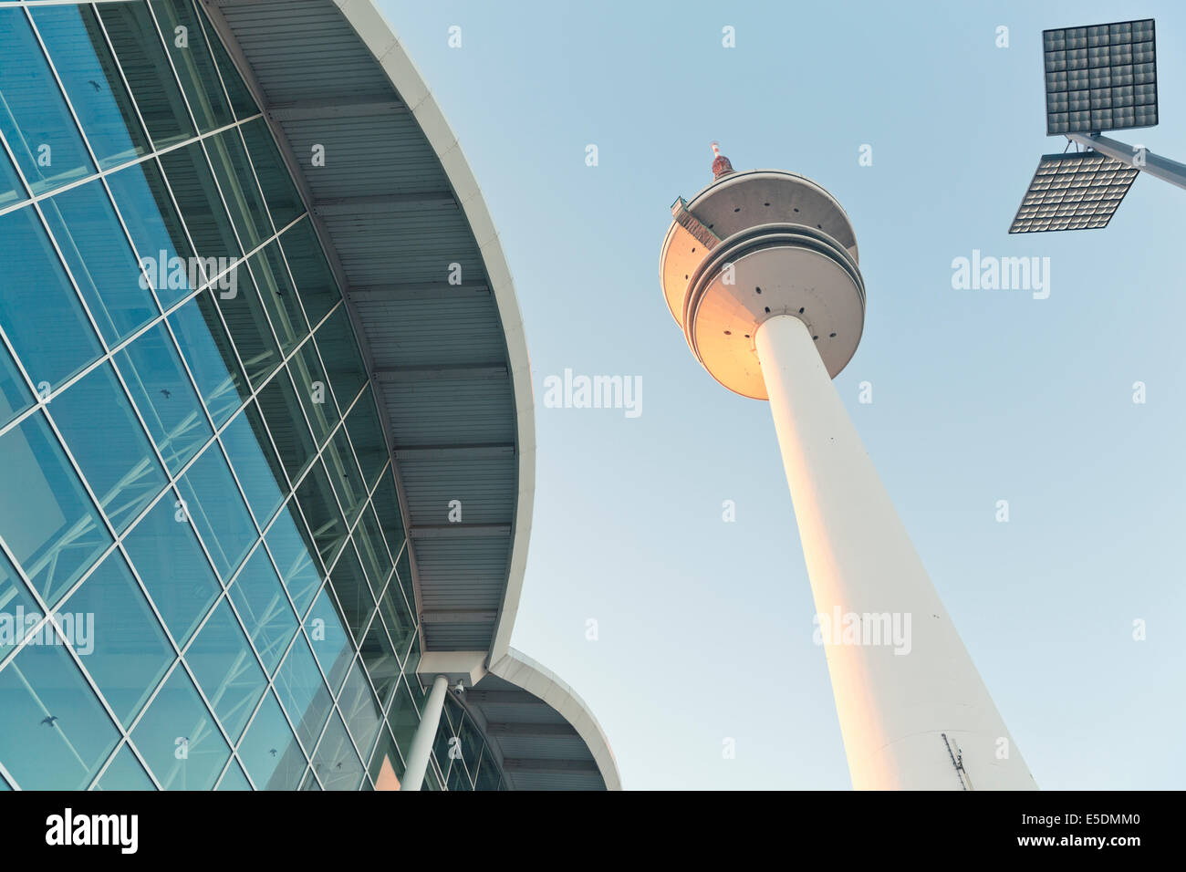 Germany, Hamburg, view to television tower and trade fair building from below Stock Photo