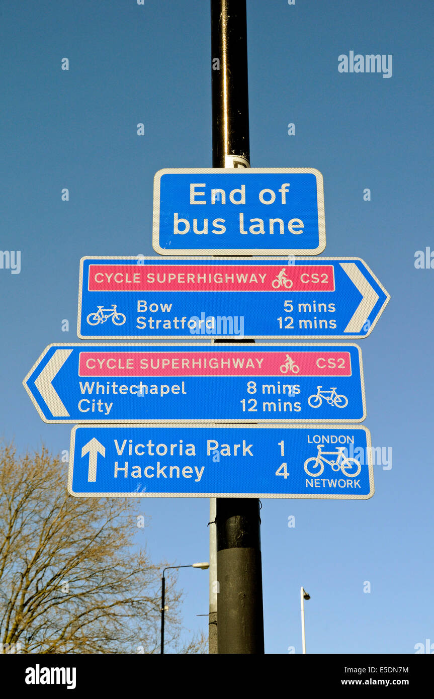 Cycle route signs, Mile End, London Borough of Tower Hamlets, England Britain UK Stock Photo