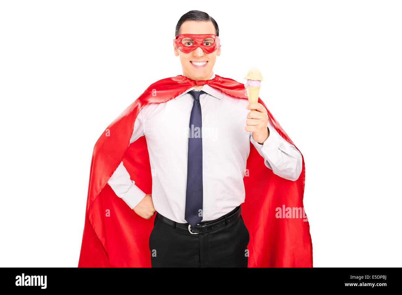 Joyful superhero holding an ice cream Stock Photo