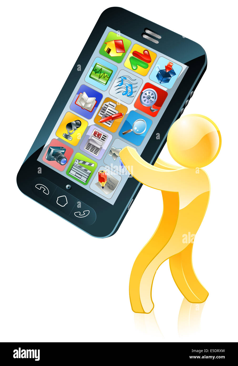 Illustration of a gold figure mascot holding a giant mobile phone Stock Photo