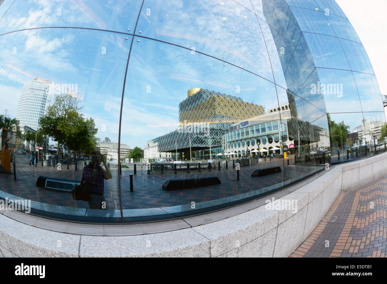 Fish Eye view of reflection of Birmingham Library, in nearby building Stock Photo