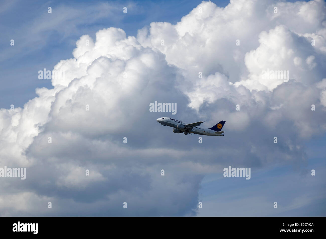Lufthansa passenger aircraft after take-off from the airport in Munich, Bavaria, Germany, Europe Stock Photo