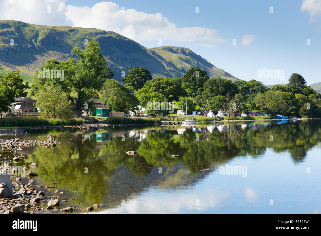 Campsite Camping Tents At Ullswater Lake District Cumbria England Uk With Mountains And Blue Sky On Beautiful Calm Sunny Summer Stock Photo Alamy