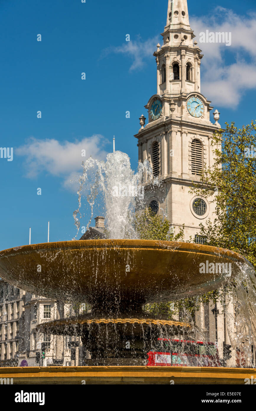 Trafalgar Square's famous water fountains and St Martin in the Fields