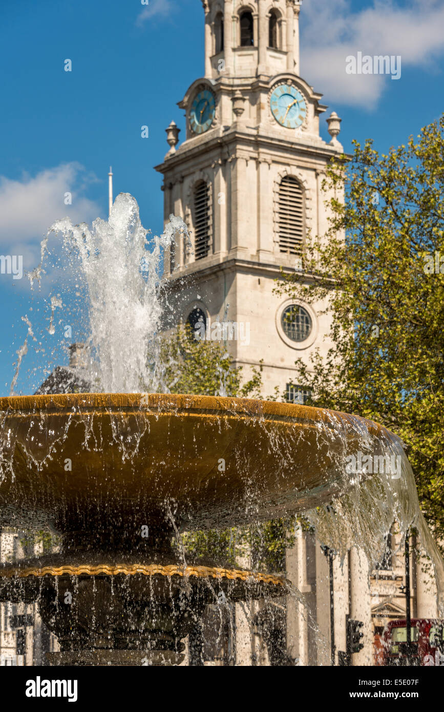 Trafalgar Square's famous water fountains and St Martin in the Fields