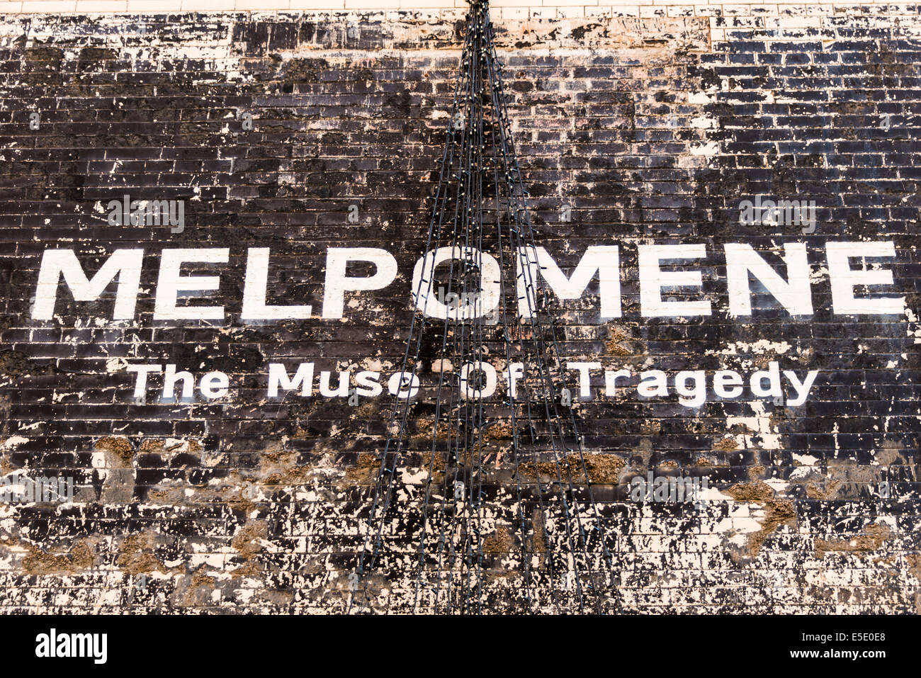 Melpomene, The Muse of Tragedy is written on the wall of the Bargehouse behind Oxo Tower, London Stock Photo