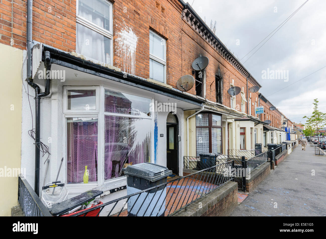 Belfast, Northern Ireland. 29th July, 2014. The homes of three Slovakian familes were attacked, windows broken on houses and cars, and racist graffiti sprayed on around a dozen walls. Around six masked men carried out the attack around 11pm. Nobody was hurt in any of the attacks. Credit:  Stephen Barnes/Alamy Live News Stock Photo