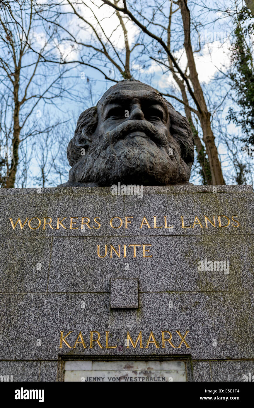 The grave of Karl Marx at Highgate cemetery. The top inscription reads ...