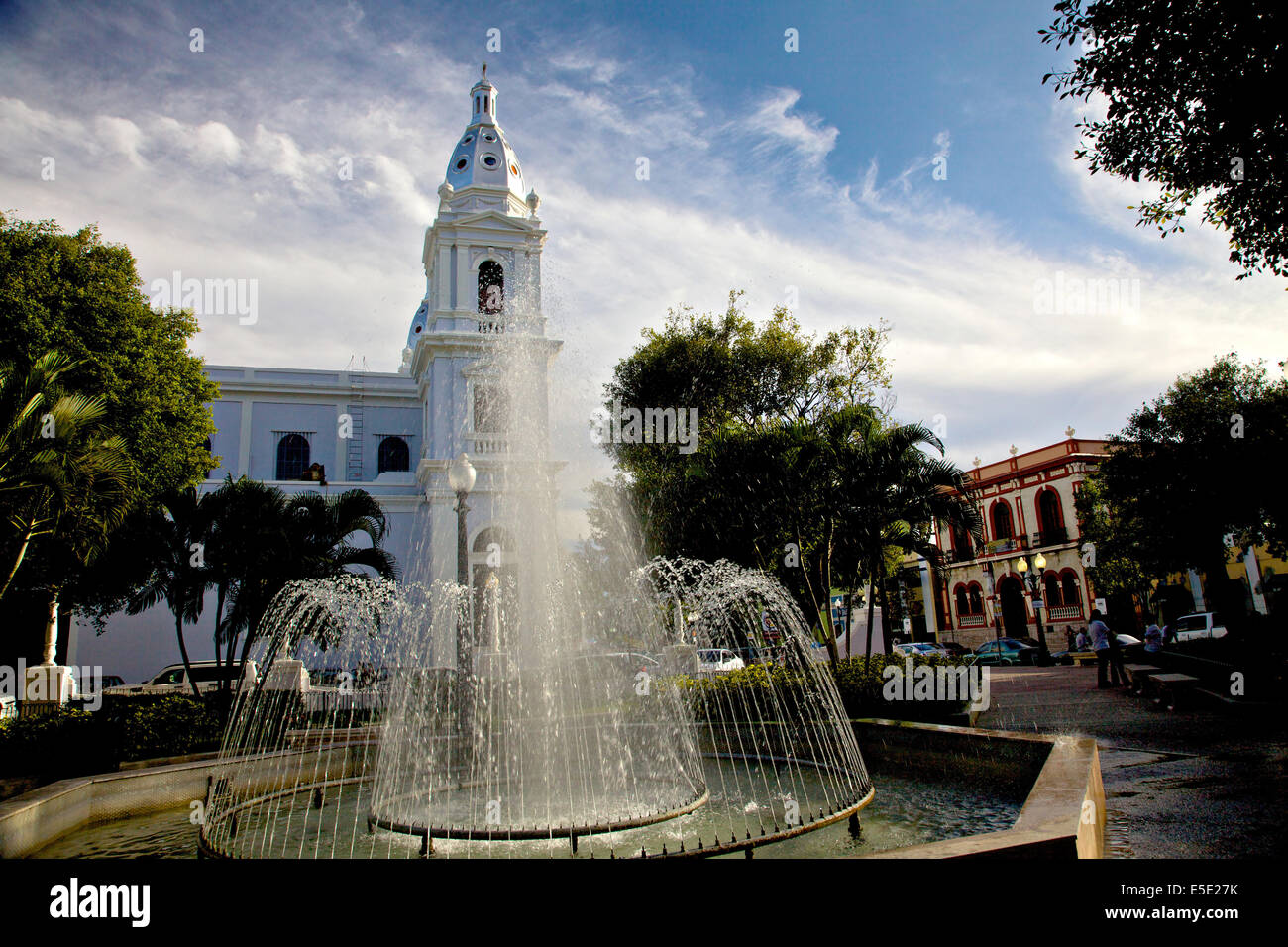 Fountain and Ponce Cathedral in Plaza Mu–oz Rivera section of the Plaza Las Delicias February 21, 2009 in Ponce, Puerto Rico. Stock Photo