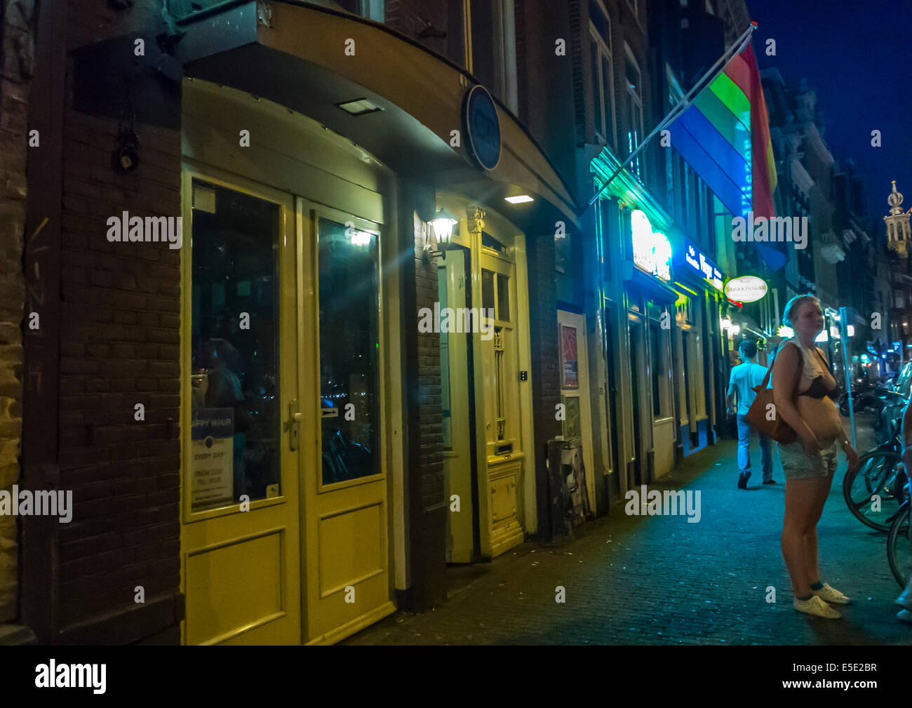 Amsterdam, Holland,  The Netherlands, Outside Street, Gay Bars, at night, Front with Rainbow Flag Stock Photo