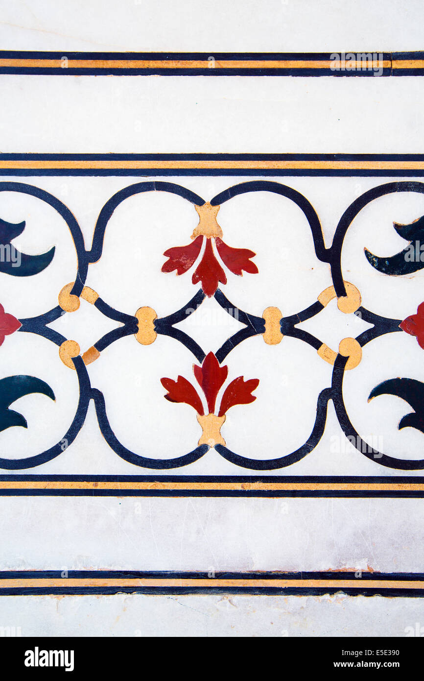 A detail of a design on the side of the Taj Mahal, made with semi-precious stone, Taj Mahal, Agra, India Stock Photo