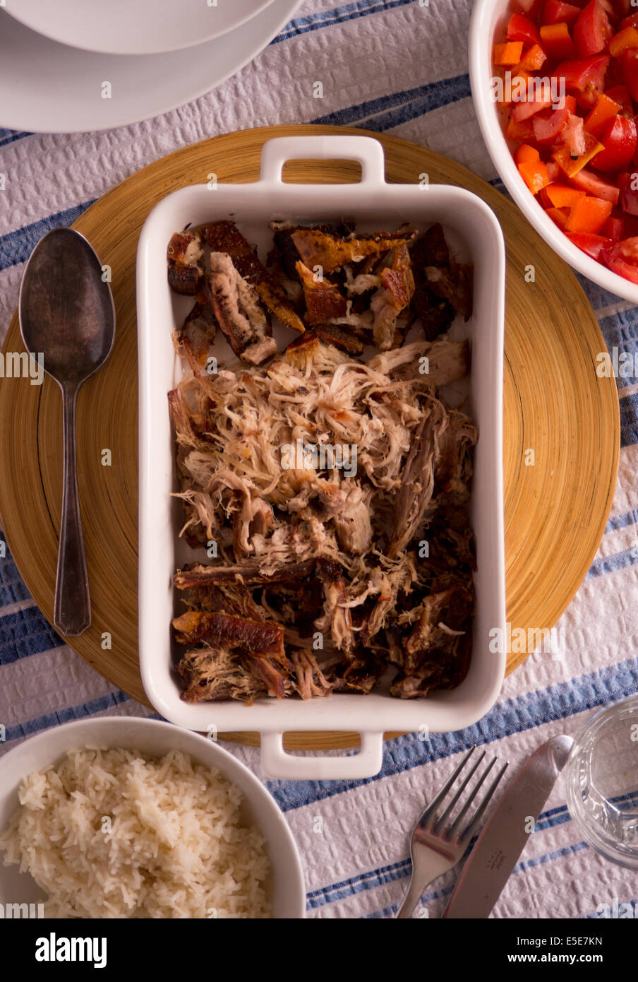 Shredded Pork belly with rice and tomato's Stock Photo