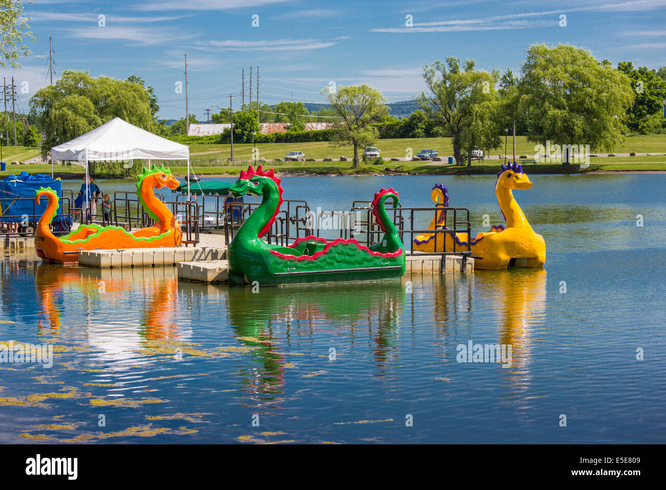 Dragon boats in Eldridge Lake in Eldridge Park in Elmira New York Stock Photo