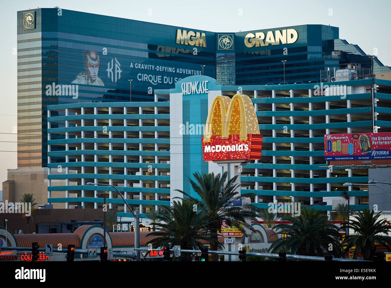 The MGM Grand Las Vegas is a hotel casino located on the Las Vegas Strip in Paradise, Nevada. Framed by a McDonalds golden arch Stock Photo